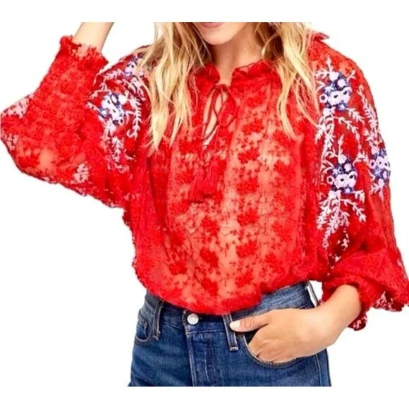 Free People Jubilee Embroidered Lace Boho Sheer Blouse Top Red Sz Small OB754354 - Picture 2 of 15